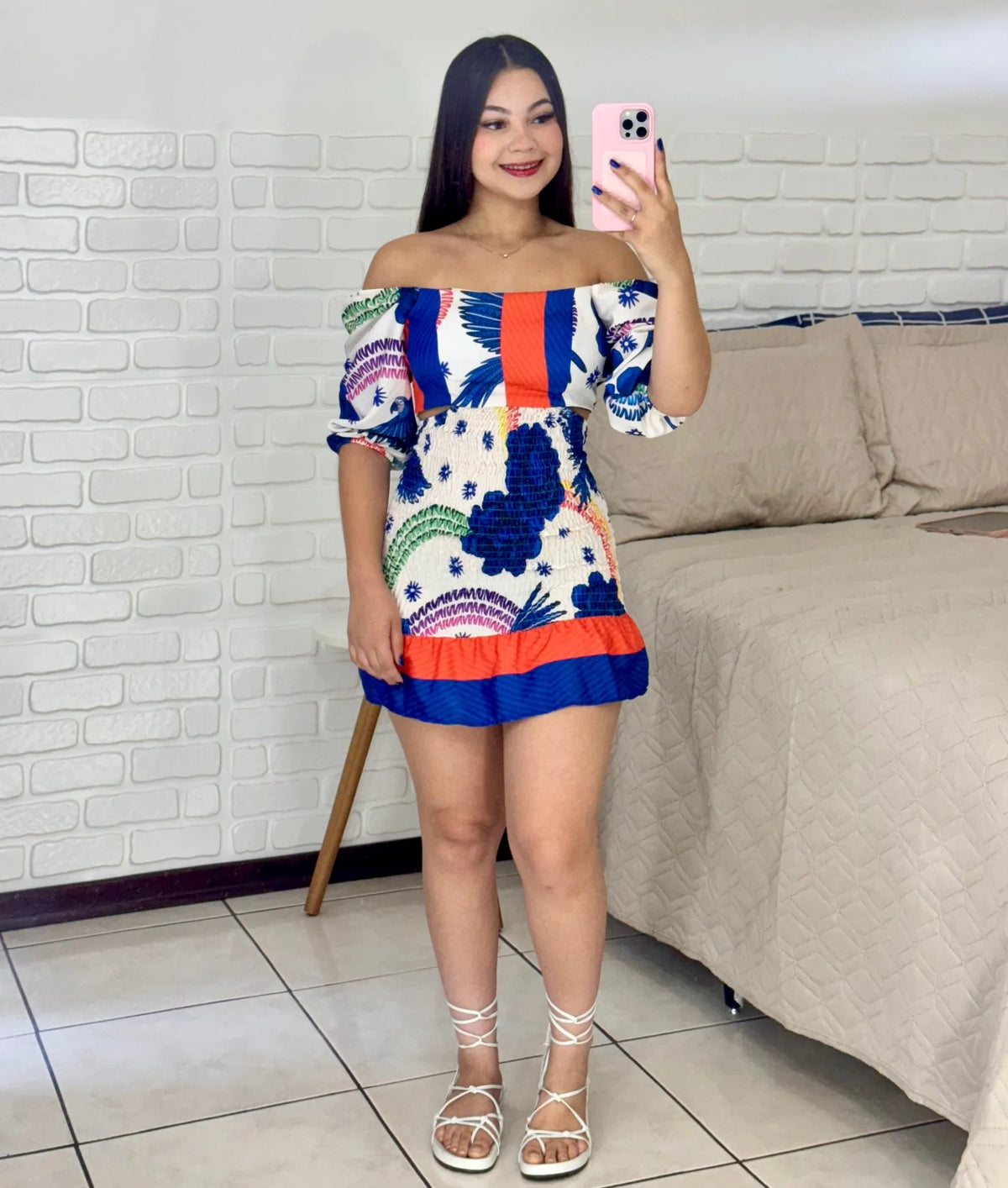 Vestido Lastex com Aberturas Azul + Laranja