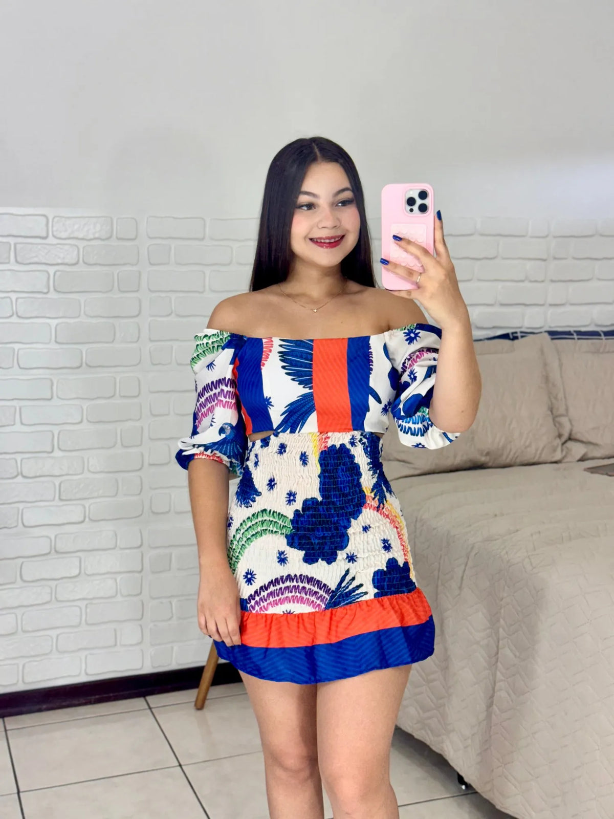 Vestido Lastex com Aberturas Azul + Laranja