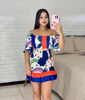 Vestido Lastex com Aberturas Azul + Laranja